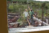 [Mary Ann planning back yard walls.]